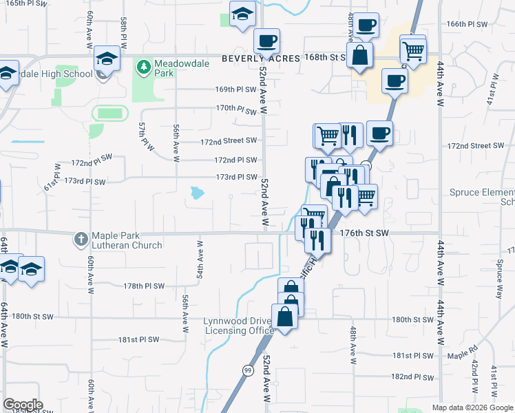 map of restaurants, bars, coffee shops, grocery stores, and more near 17410 52nd Avenue West in Lynnwood