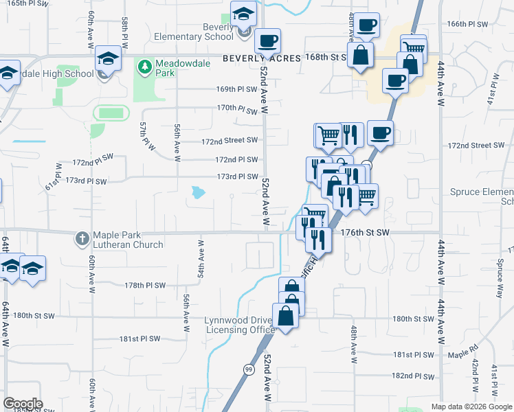 map of restaurants, bars, coffee shops, grocery stores, and more near 17410 52nd Avenue West in Lynnwood