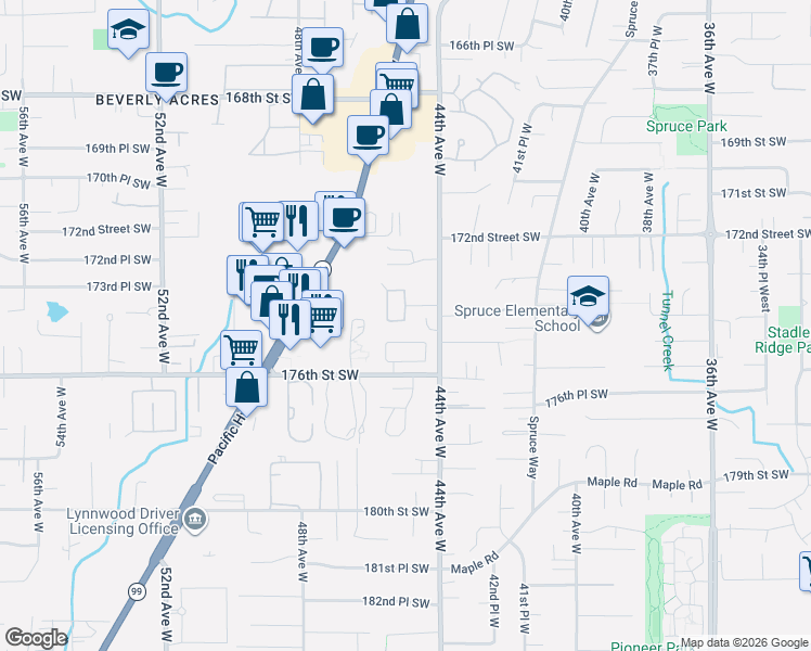 map of restaurants, bars, coffee shops, grocery stores, and more near 4515 176th Street Southwest in Lynnwood