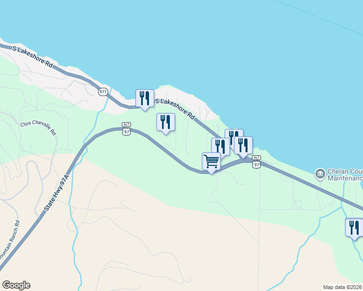 map of restaurants, bars, coffee shops, grocery stores, and more near 333 South Lakeshore Road in Chelan