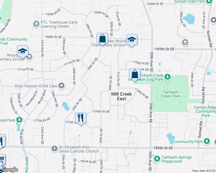map of restaurants, bars, coffee shops, grocery stores, and more near 17227 30th Drive Southeast in Bothell
