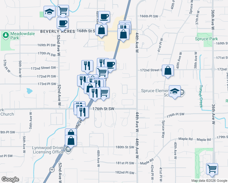 map of restaurants, bars, coffee shops, grocery stores, and more near 4721 176th Street Southwest in Lynnwood