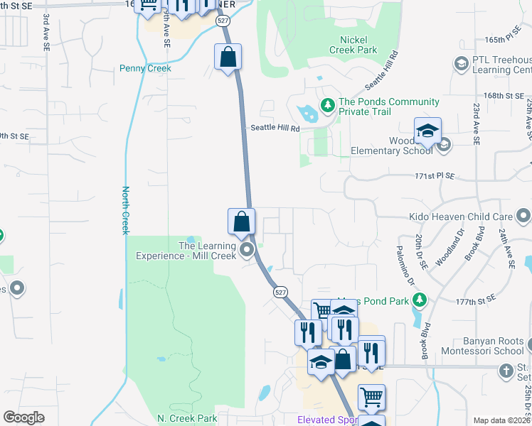 map of restaurants, bars, coffee shops, grocery stores, and more near 1321 173 Place Southeast in Bothell
