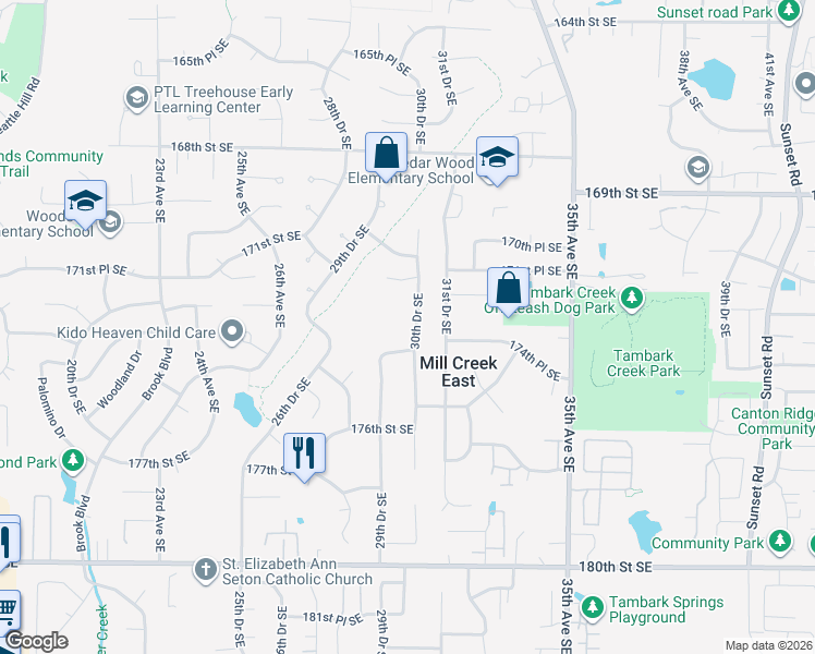 map of restaurants, bars, coffee shops, grocery stores, and more near 17227 30th Drive Southeast in Bothell