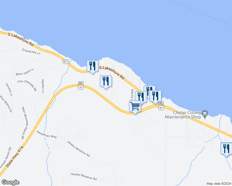 map of restaurants, bars, coffee shops, grocery stores, and more near 333 South Lakeshore Road in Chelan