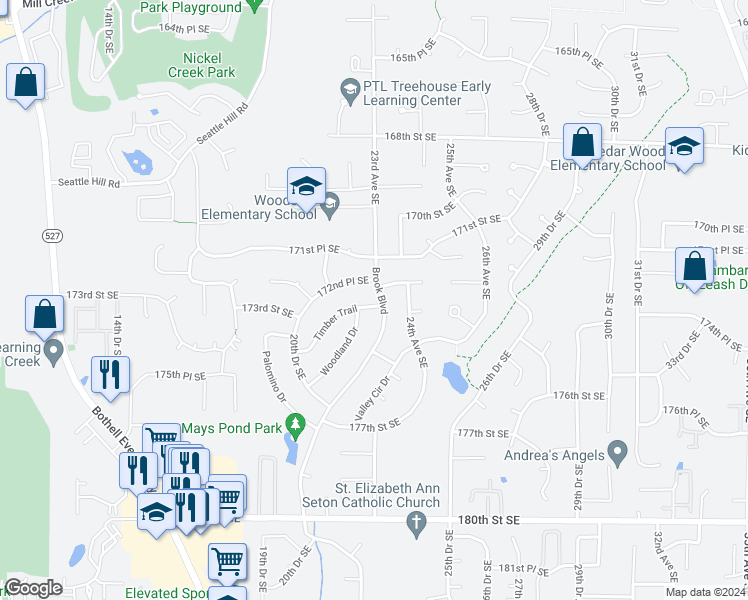 map of restaurants, bars, coffee shops, grocery stores, and more near 17232 Brook Boulevard in Bothell