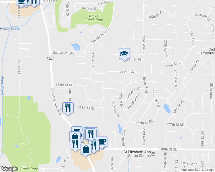 map of restaurants, bars, coffee shops, grocery stores, and more near 1829 173rd Street Southeast in Bothell