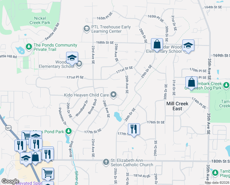 map of restaurants, bars, coffee shops, grocery stores, and more near 2504 173rd Place Southeast in Bothell