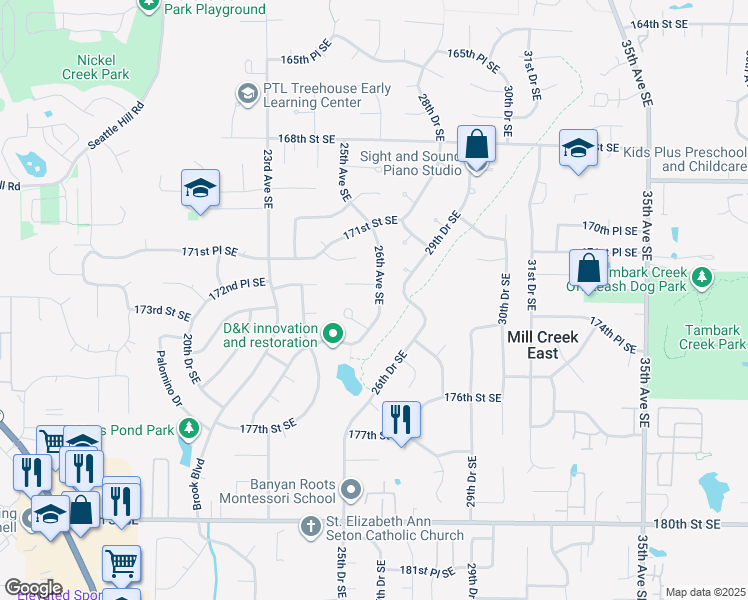 map of restaurants, bars, coffee shops, grocery stores, and more near 17228 26th Avenue Southeast in Bothell