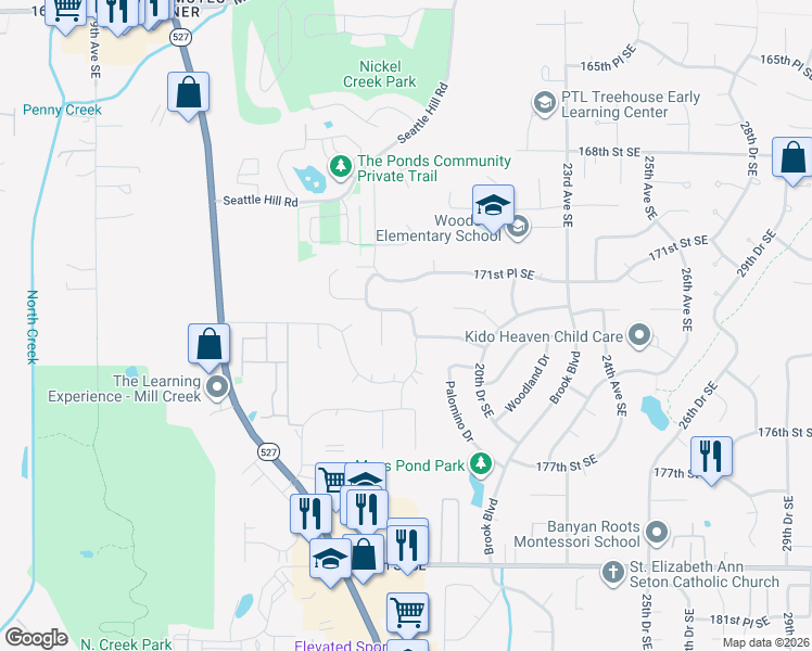 map of restaurants, bars, coffee shops, grocery stores, and more near 17222 18th Avenue Southeast in Bothell