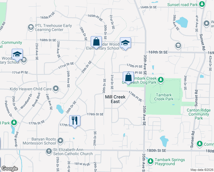 map of restaurants, bars, coffee shops, grocery stores, and more near 17227 30th Drive Southeast in Bothell