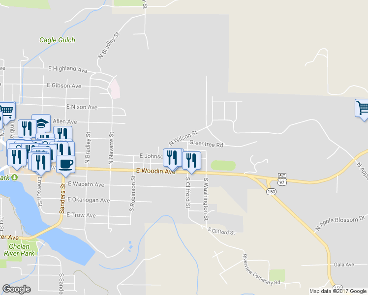 map of restaurants, bars, coffee shops, grocery stores, and more near 215 North Clifford Street in Chelan