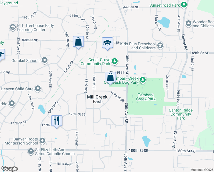 map of restaurants, bars, coffee shops, grocery stores, and more near 3224 172 Street Southeast in Bothell