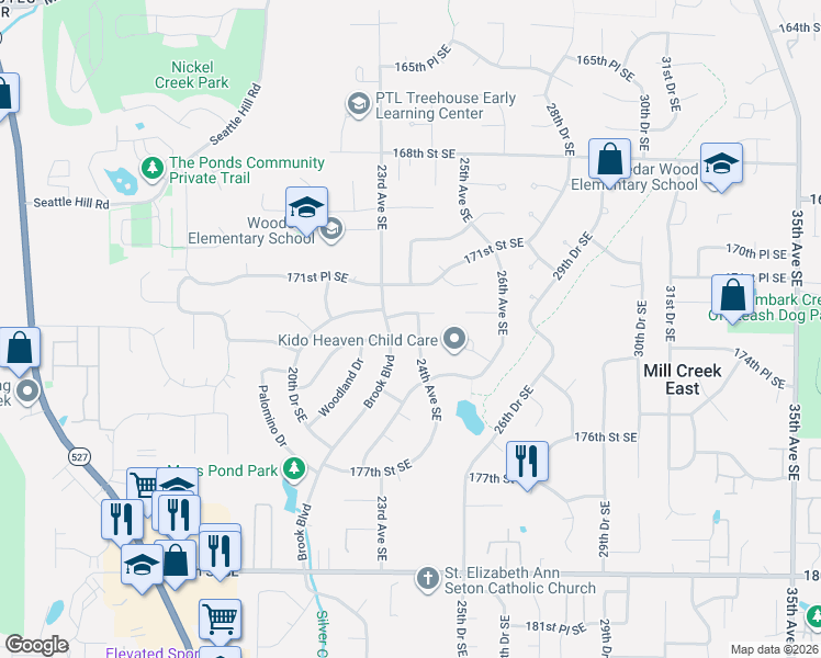 map of restaurants, bars, coffee shops, grocery stores, and more near 17228 24th Avenue Southeast in Bothell