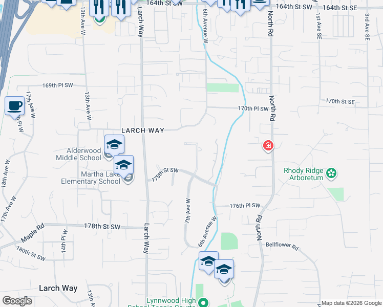 map of restaurants, bars, coffee shops, grocery stores, and more near 17312 7th Avenue West in Bothell