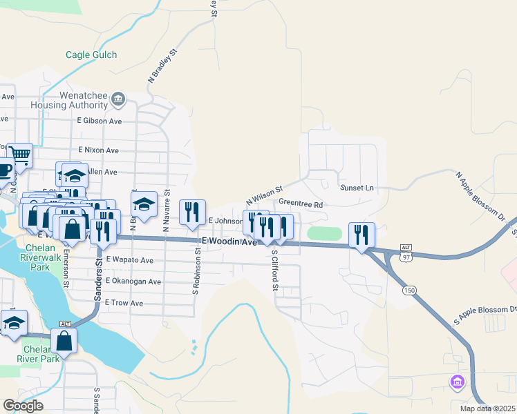 map of restaurants, bars, coffee shops, grocery stores, and more near 215 North Clifford Street in Chelan