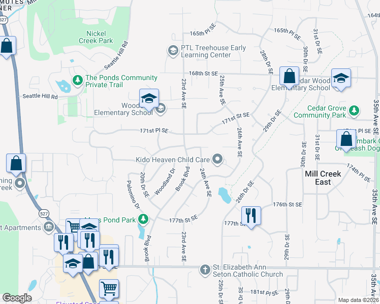 map of restaurants, bars, coffee shops, grocery stores, and more near 17232 Brook Boulevard in Bothell