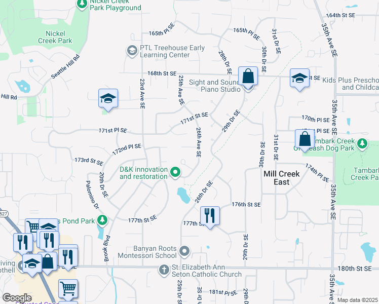 map of restaurants, bars, coffee shops, grocery stores, and more near 17228 26th Avenue Southeast in Bothell