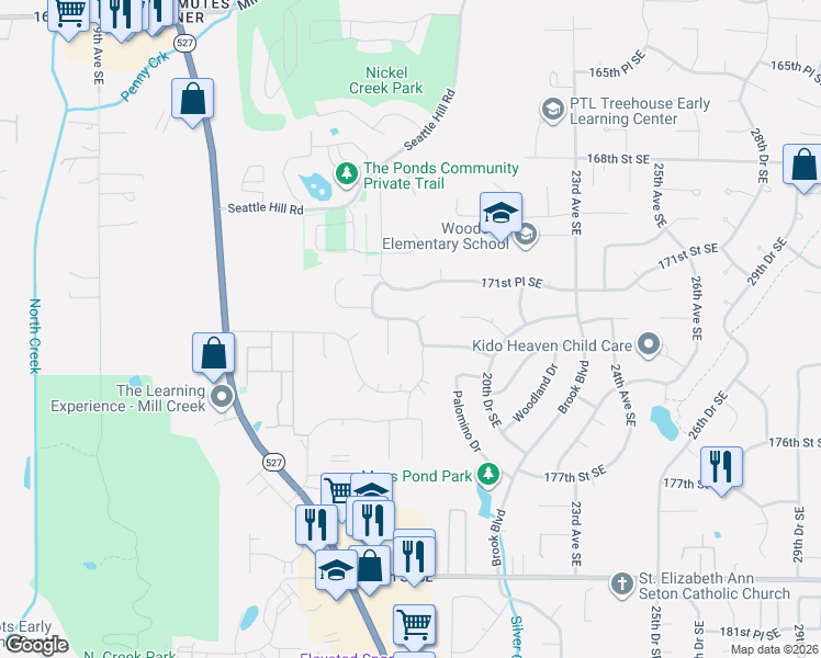map of restaurants, bars, coffee shops, grocery stores, and more near 17222 18th Avenue Southeast in Bothell