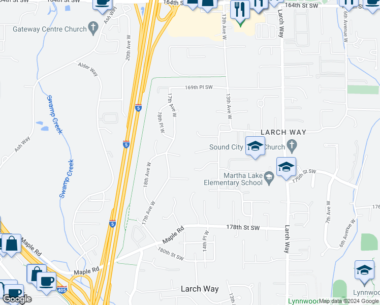 map of restaurants, bars, coffee shops, grocery stores, and more near 1530 173rd Street Southwest in Lynnwood