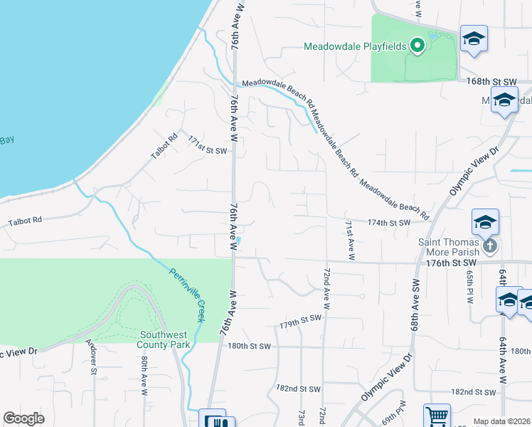 map of restaurants, bars, coffee shops, grocery stores, and more near 7400 Braemar Drive in Edmonds