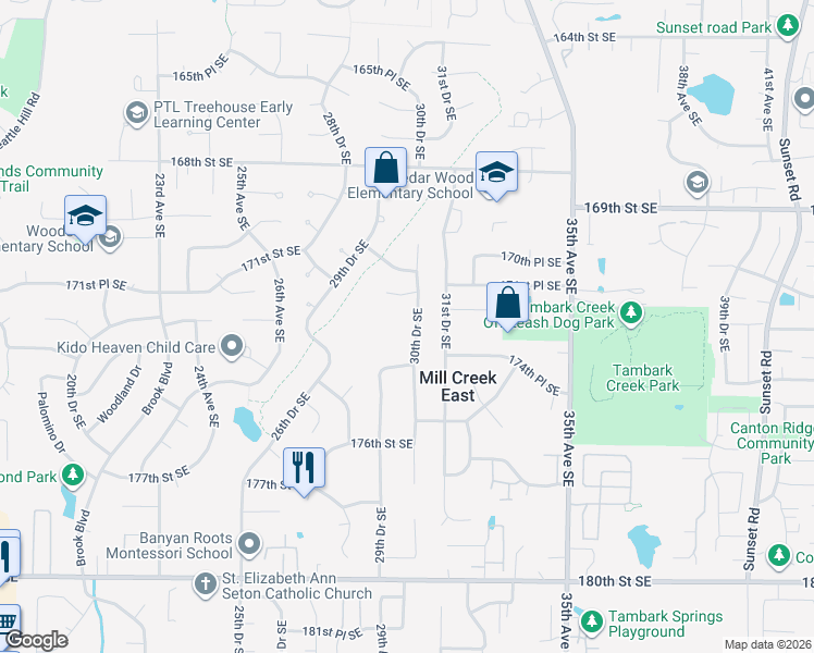 map of restaurants, bars, coffee shops, grocery stores, and more near 17227 30th Drive Southeast in Bothell