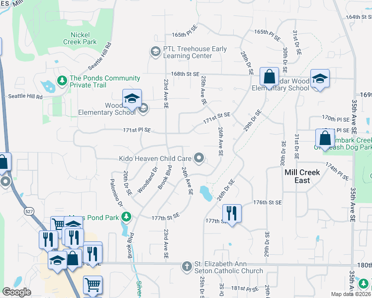 map of restaurants, bars, coffee shops, grocery stores, and more near 17228 24th Avenue Southeast in Bothell