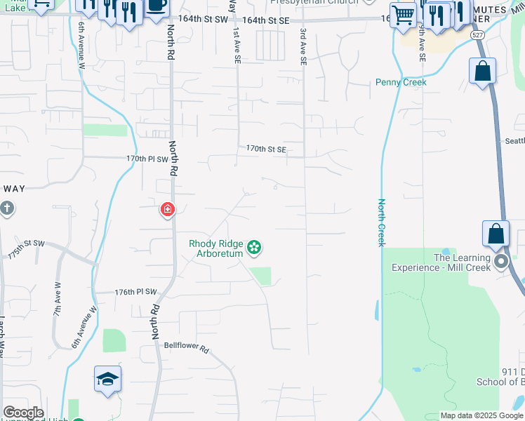 map of restaurants, bars, coffee shops, grocery stores, and more near 119 172nd Place Southeast in Bothell
