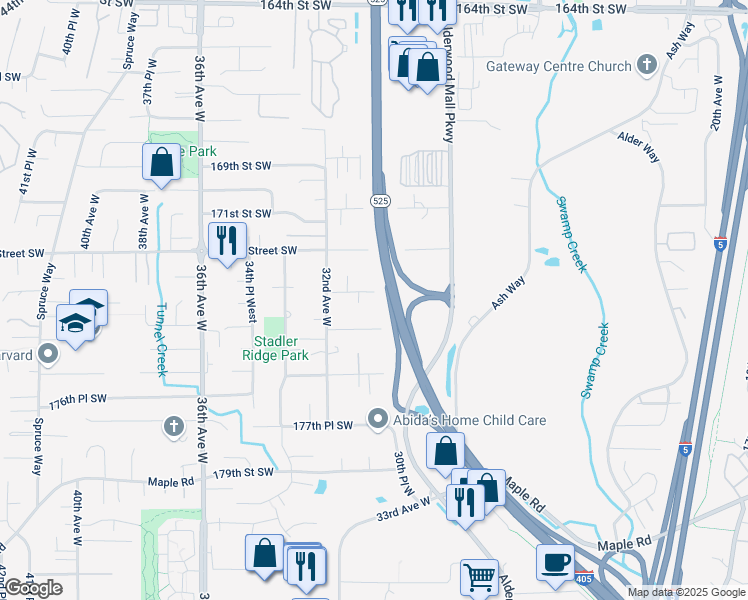 map of restaurants, bars, coffee shops, grocery stores, and more near 3009 175th Street Southwest in Lynnwood
