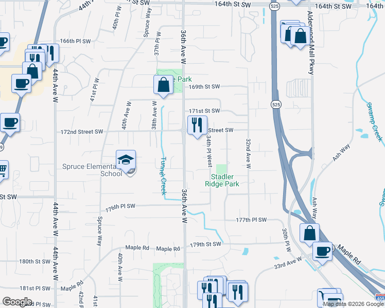 map of restaurants, bars, coffee shops, grocery stores, and more near 3525 173rd Place Southwest in Lynnwood