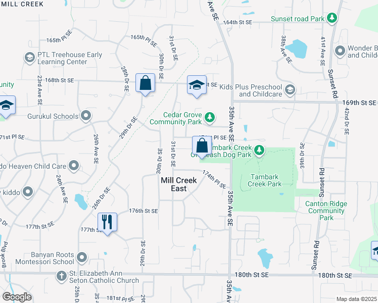 map of restaurants, bars, coffee shops, grocery stores, and more near 3224 172 Street Southeast in Bothell