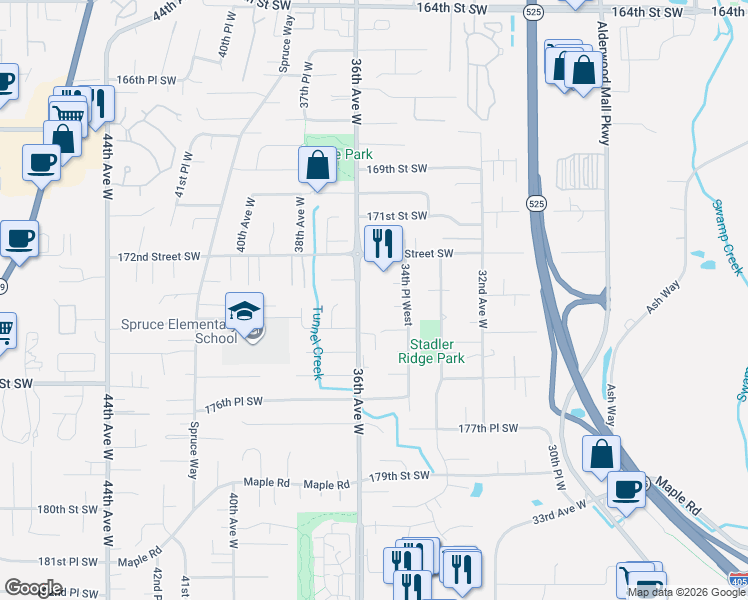 map of restaurants, bars, coffee shops, grocery stores, and more near 17403 36th Avenue West in Lynnwood
