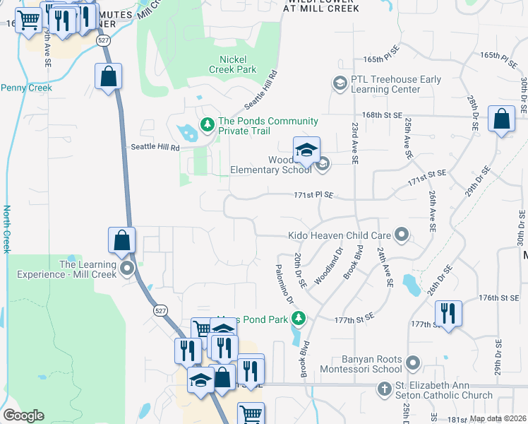map of restaurants, bars, coffee shops, grocery stores, and more near 17222 18th Avenue Southeast in Bothell