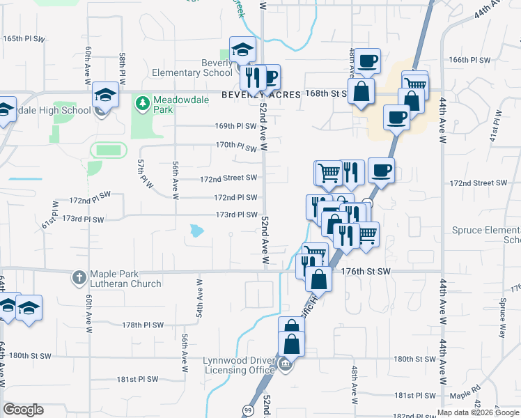 map of restaurants, bars, coffee shops, grocery stores, and more near 5205 173rd Place Southwest in Lynnwood