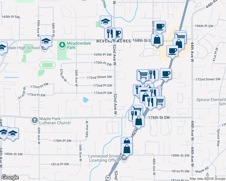 map of restaurants, bars, coffee shops, grocery stores, and more near 5205 173rd Place Southwest in Lynnwood