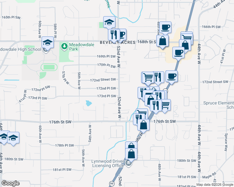 map of restaurants, bars, coffee shops, grocery stores, and more near 5215 172nd Place Southwest in Lynnwood