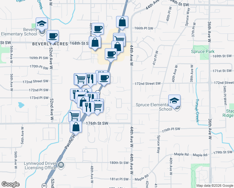 map of restaurants, bars, coffee shops, grocery stores, and more near 4514 172nd Place Southwest in Lynnwood