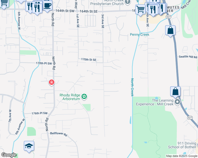 map of restaurants, bars, coffee shops, grocery stores, and more near 203 171st Place Southeast in Bothell