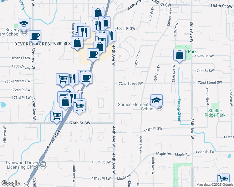 map of restaurants, bars, coffee shops, grocery stores, and more near 4324 172nd Street Southwest in Lynnwood