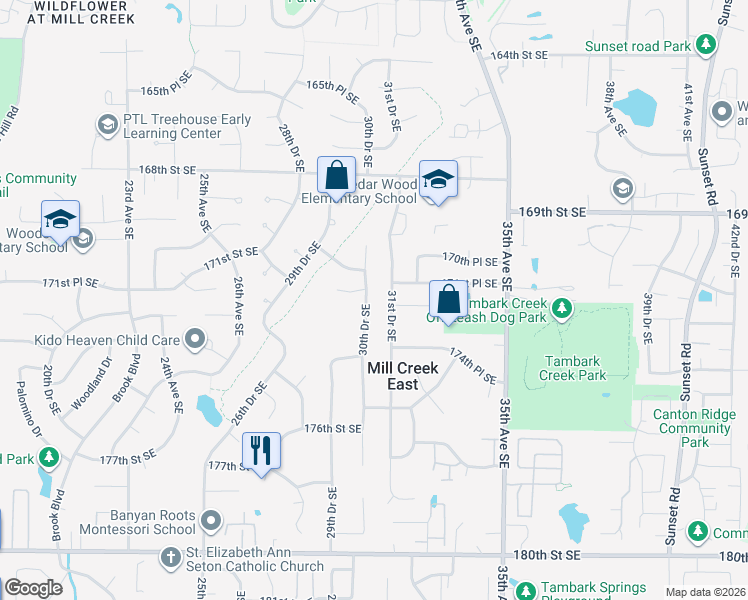 map of restaurants, bars, coffee shops, grocery stores, and more near 17107 30th Drive Southeast in Bothell