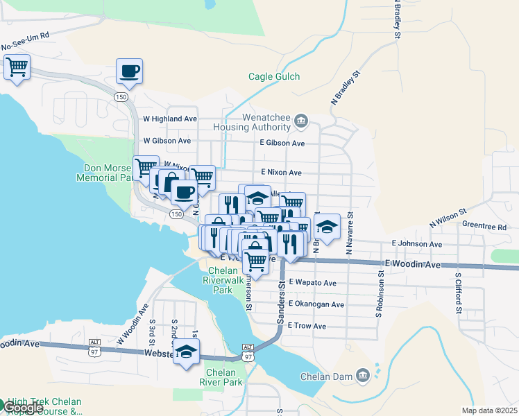map of restaurants, bars, coffee shops, grocery stores, and more near 320 North Emerson Street in Chelan