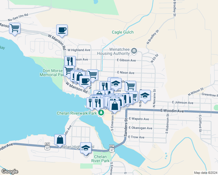 map of restaurants, bars, coffee shops, grocery stores, and more near 122 East Allen Avenue in Chelan