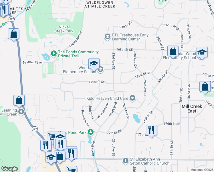 map of restaurants, bars, coffee shops, grocery stores, and more near 2123 171st Place Southeast in Bothell