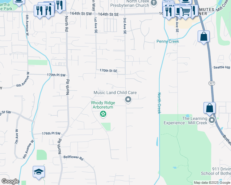 map of restaurants, bars, coffee shops, grocery stores, and more near 203 171st Place Southeast in Bothell