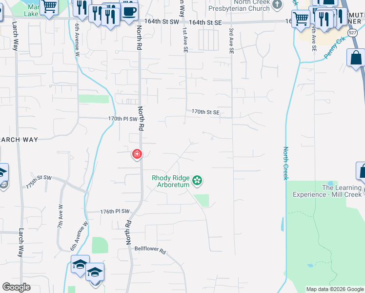 map of restaurants, bars, coffee shops, grocery stores, and more near 17124 Gravenstein Road in Bothell