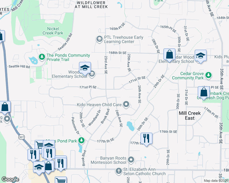 map of restaurants, bars, coffee shops, grocery stores, and more near 17107 24th Avenue Southeast in Bothell