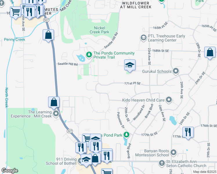 map of restaurants, bars, coffee shops, grocery stores, and more near 1815 171st Place Southeast in Bothell