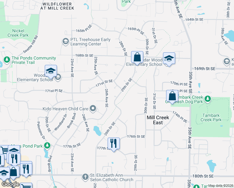 map of restaurants, bars, coffee shops, grocery stores, and more near 2724 171st Street Southeast in Bothell