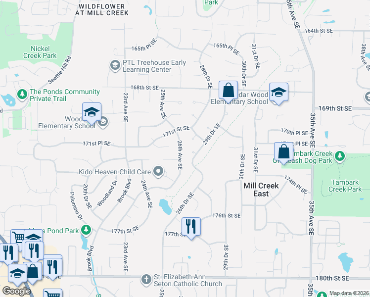 map of restaurants, bars, coffee shops, grocery stores, and more near 2724 171st Street Southeast in Bothell