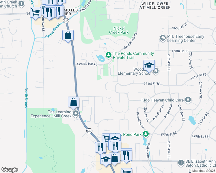 map of restaurants, bars, coffee shops, grocery stores, and more near 17110 16th Avenue Southeast in Bothell